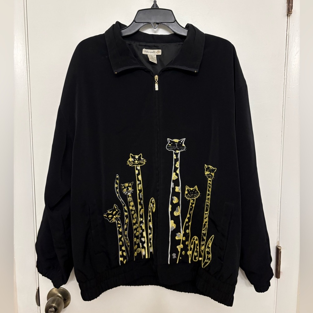 Vintage Mureli Embroidered Cat Bomber Jacket Black Gold Whimsical Retro XL